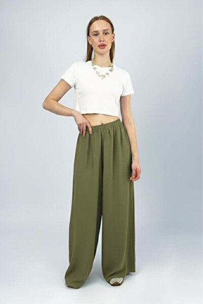 Betimoda Women's Modal High Waist Pocketed Elastic Waist Wide Leg Pants Khaki