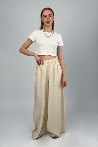 Betimoda Women's Modal High Waist Pocketed Elastic Waist Wide Leg Pants Beige