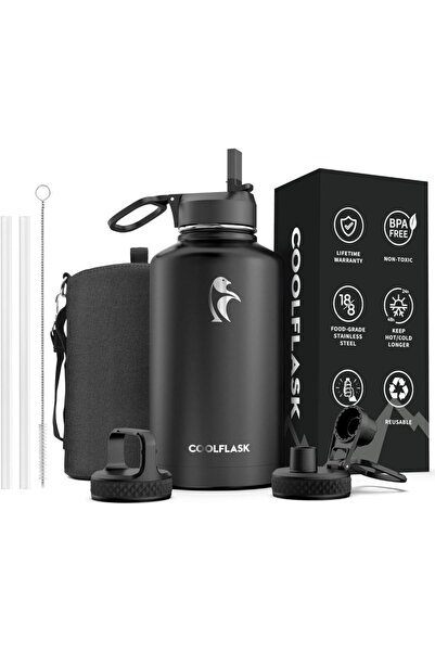 Generic Coolflask 64oz Insulated Wide-Mouth Leakproof Water Bottle with Straw & Spout Lid — Magic Black
