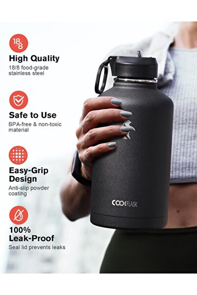 Generic Coolflask 64oz Insulated Wide-Mouth Leak-Proof Water Bottle - Magic Black, Stainless Steel