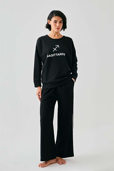 modaserdem Mdsrdm Women's Black Sagittarius Oversized 2 Thread Tracksuit Home Wear Set