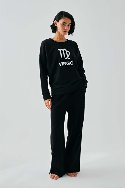 modaserdem Mdsrdm Women's Black Virgo Oversized 2 Thread Tracksuit Home Wear Set