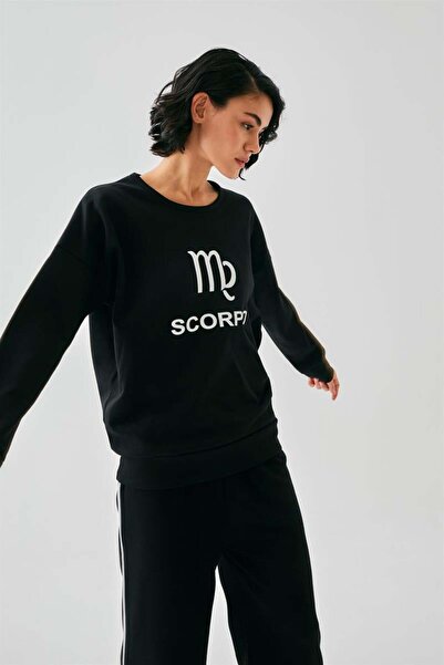 modaserdem Mdsrdm Women's Black Scorpio Zodiac Sign Oversized 2 Thread Tracksuit Home Wear Set