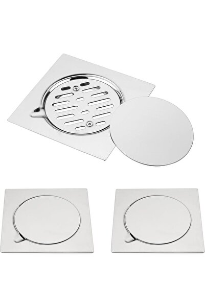 Lawazim Stainless Steel Floor Drain, 3 pcs, 15×15 cm, Square Drain Cover with Anti‑Clog Strainer