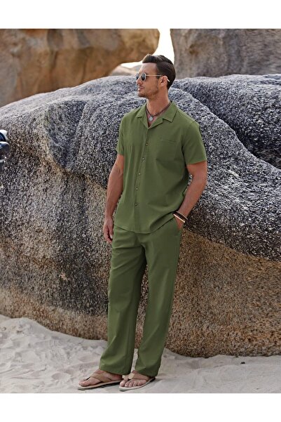 COOFANDY Men's Linen Beach Set - Button Shirt and Loose Casual Pants