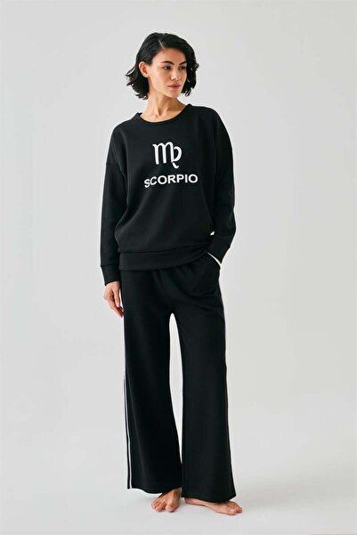 modaserdem Mdsrdm Women's Black Scorpio Zodiac Sign Oversized 2 Thread Tracksuit Home Wear Set