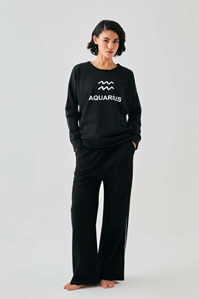 modaserdem Mdsrdm Women's Black Aquarius Oversized 2 Thread Tracksuit Home Wear Set