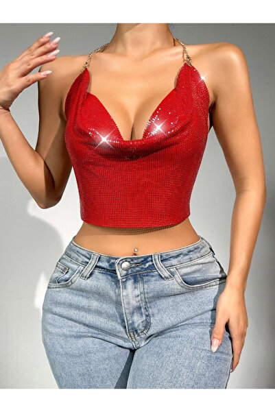 pilelistore Bright Red Crop & Blouse Sleeveless Boat Neck Armor Bustier