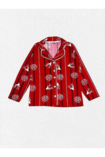Pajama Shop Girls' Cotton Suede Fabric Red Snowflake Deer Pattern Shirt Collar Buttoned Winter Pajama Set