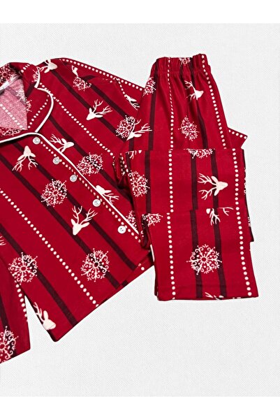 Pajama Shop Girls' Cotton Suede Fabric Red Snowflake Deer Pattern Shirt Collar Buttoned Winter Pajama Set