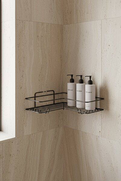 Sas Haus Black L-Shaped Bathroom Shelf with Hooks, Durable Rustproof, Shower Shampoo Holder, Corner Organizer Shelf (Single