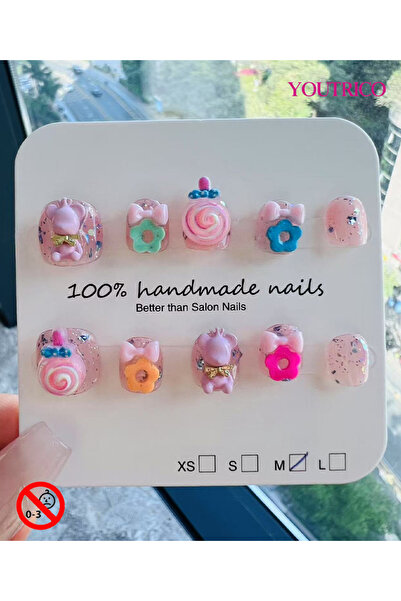 Youtrico Children's Fake Nails 100% Handmade Cartoon Green, Safe for 3+ ，M
