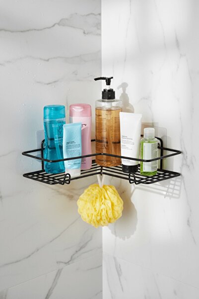 Sas Haus Black L-Shaped Bathroom Shelf with Hooks, Durable Rustproof, Shower Shampoo Holder, Corner Organizer Shelf (Single