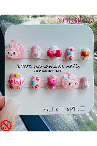 Youtrico Children's Fake Nails 100% Handmade Cartoon Green, Safe for 3+ ，M