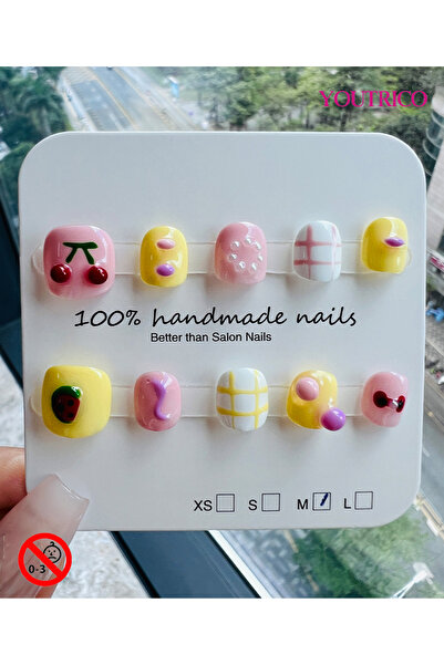Youtrico Children's Fake Nails 100% Handmade Cartoon Green, Safe for 3+ ，M