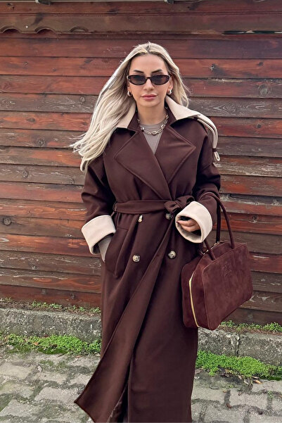 Muna Boutique قصة فضفاضة معطف نسائي طويل باللون البني