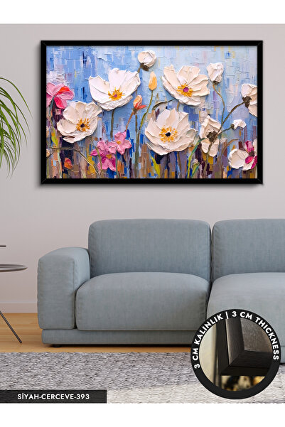 Evinemoda Mavi Arkaplan Çiçekler Tek Parça Çerçeveli Kanvas Tablo