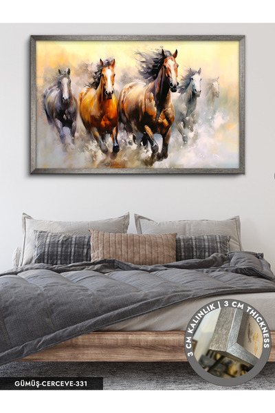 Evinemoda Kahverengi Koşan Atlar Tek Parça Çerçeveli Kanvas Tablo