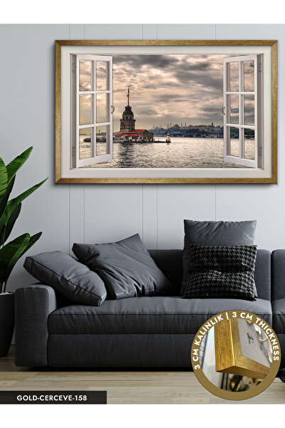 Evinemoda Kız Kulesine Açılan Pencere Tek Parça Çerçeveli Kanvas Tablo