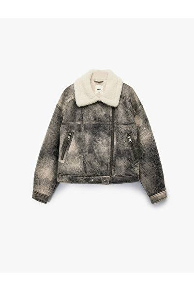 Koton Palton crop biker cu buzunare, cu fermoar, aspect de piele intoarsa, cu blana artificiala in interior