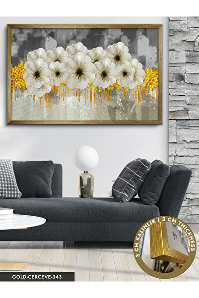 Evinemoda Modern Çiçek Desenli Altın ve Beyaz Tablo Tek Parça Çerçeveli Kanva...