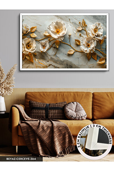 Evinemoda Gold Yapraklı Beyaz Çiçekler Tek Parça Çerçeveli Kanvas Tablo