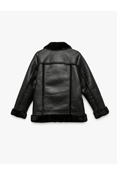 Koton Plush Lined Long Sleeve Collar Faux Fur Double-Breasted Leather-Look Jacket