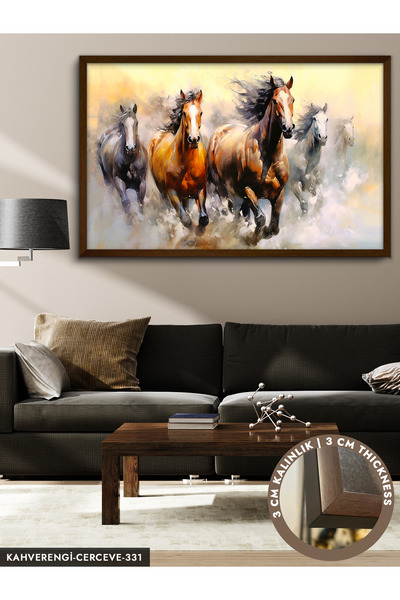 Evinemoda Kahverengi Koşan Atlar Tek Parça Çerçeveli Kanvas Tablo