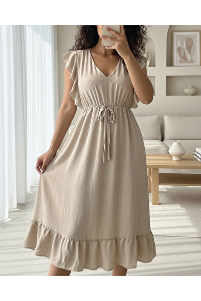 Genel Markalar Omuzu Kışlık Elbise Boy Midi Açık Fırfırlı Lastikli Ayrobin Kol Beli Sıfır