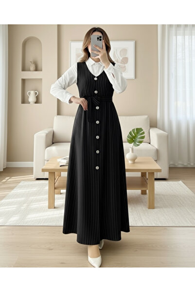 MİYALORA Düğmeli Rahat kesim Kuşaklı Boydan Çizgili Jile