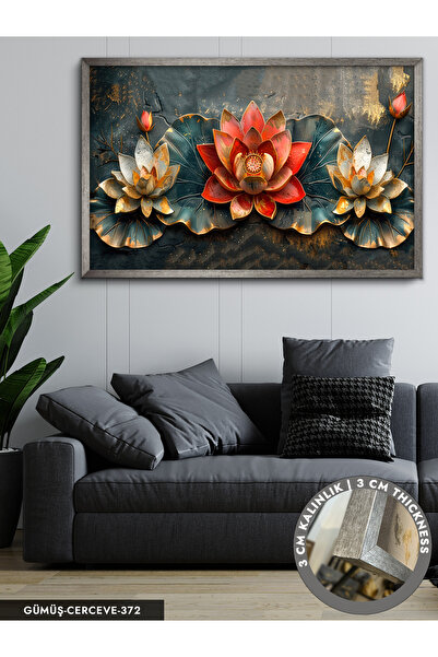 Evinemoda Gold Detaylı Kırmızı Ve Beyaz Nilüferler Tek Parça Çerçeveli Kanvas...