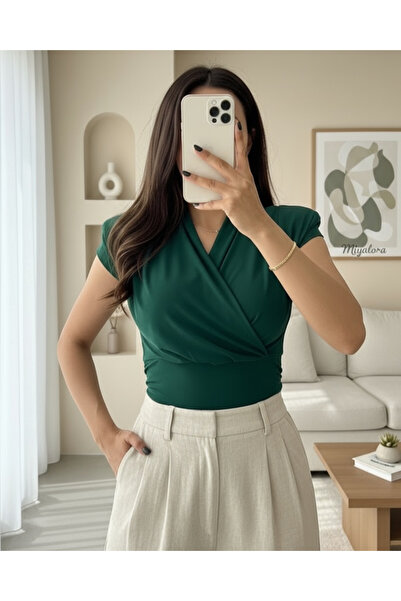 MİYALORA Sandy Rahat kesim Bluz Kol Sıfır Vatkalı Model Kruvaze Zümrüt