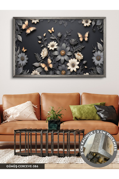 Evinemoda Kelebekler Ve Çiçekler Tek Parça Çerçeveli Kanvas Tablo