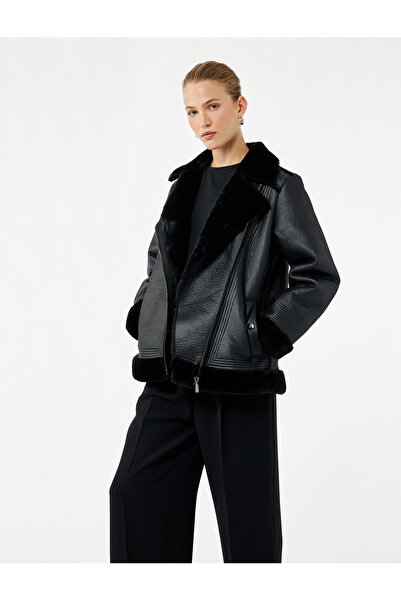 Koton Plush Lined Long Sleeve Collar Faux Fur Double-Breasted Leather-Look Jacket