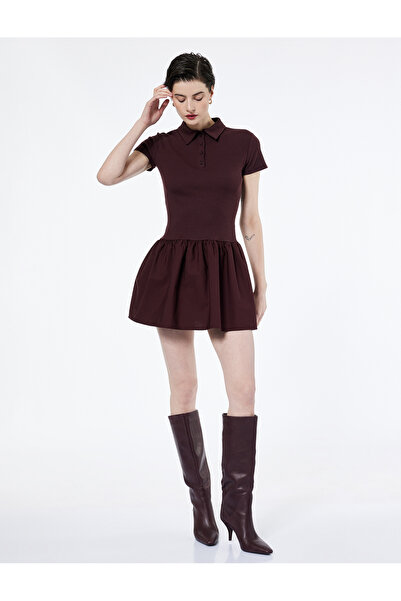 Koton Cotton Buttoned Short Sleeve Mini Polo Neck Dress