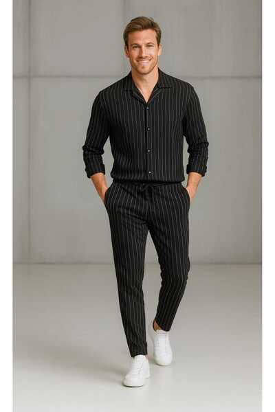 LiyAdaCo Men's Black Striped Crepe Fabric Shirt Pants Set Comfortable & Modern