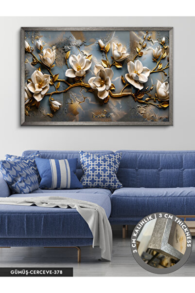 Evinemoda Gold Detaylı Krem Çiçekler Tek Parça Çerçeveli Kanvas Tablo