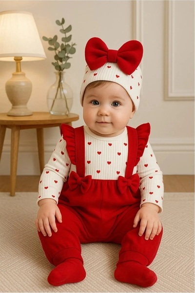 DEFNE LİNA BABY Baby Girl Cute Heart Red Ruffled Strap Newborn Bow Beret Jumpsuit Dfn_L123