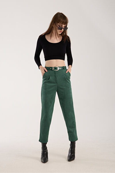 TheyYou Süet Kumaş Kemerli Pensli Kadın Pantolon / Suede Fabric Belted Pleated Women Pants