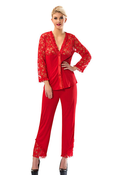 pilelistore Red Combed Cotton Pajama Set - 1570