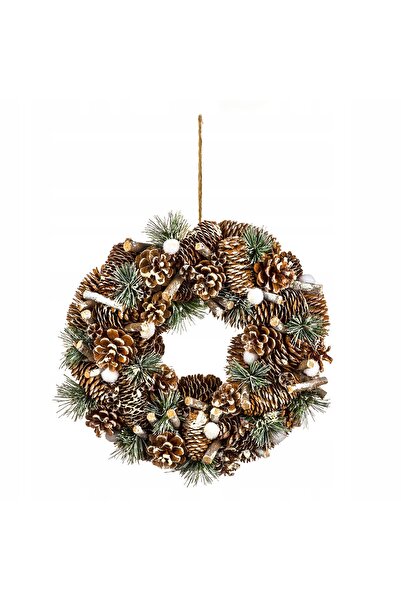 FEERIC LIGHTS & CHRISTMAS Decorative wreath with cones and branches with glitter, diameter 34 cm, beige