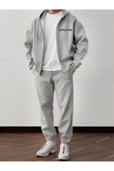 EFFRENATU Trendy Prints Clothing Hooded Zipper Top & Bottom Set Plus Size