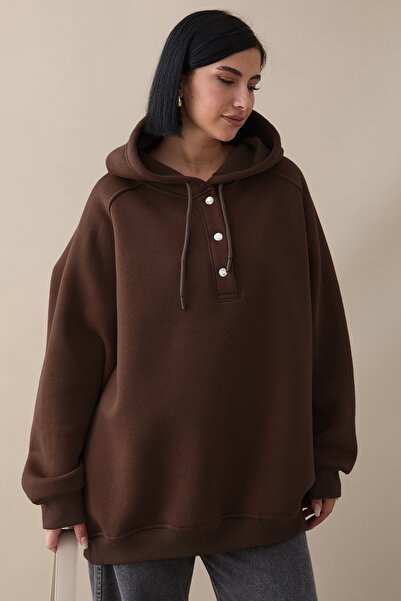 InStyle Суитшърт с качулка и капаче Snap Collar Bitter Coffee