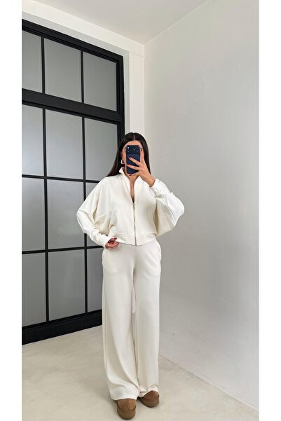 Gaus Ecru Zippered Cardigan Elastic Waist Trousers Modal Set Gaus-00665