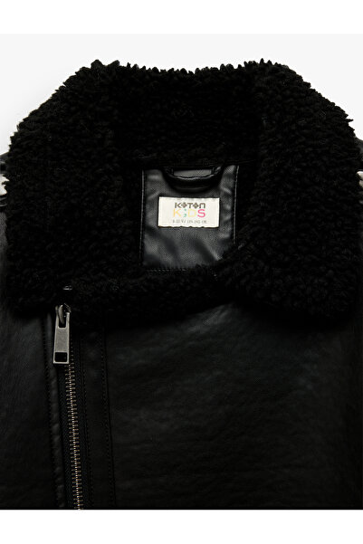 Koton Дългоръкава кожена яке за мотоциклетисти с кожени детайли и кръстосан яка