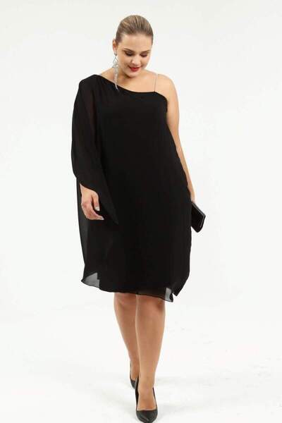 angelino butik 60 Bedene Kadar Askılı Tek Omuz Şifon Abiye Elbise Siyah KL6060Z