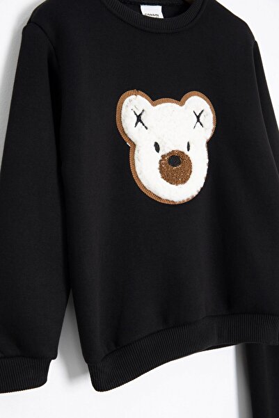 Cansın Mini Black Teddy Bear Embroidered Fleece-Lined Boys' Set 23336