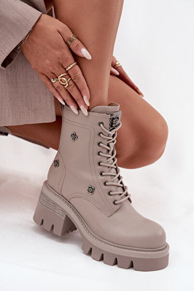 Artiker Women's Leather Ankle Boots With Platform Heels With Buckles 57C0181 Beige 40