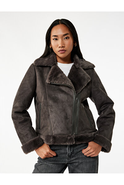 Koton Zippered Long Sleeve Plush Collar Suede Look Crop Biker Jacket with Pockets