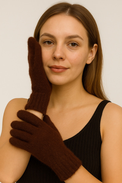 ZERAMİNE Plush Long Finger Women Gloves Brown